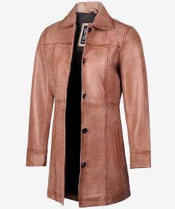 Women's Pink Cognac Button Down Waxed Leather Coat