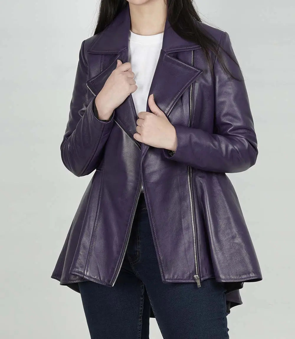 Women's Purple Asymmetrical Peplum Leather Jacket - Image 2