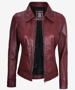 Women's Maroon Shirt Collar Leather Jacket