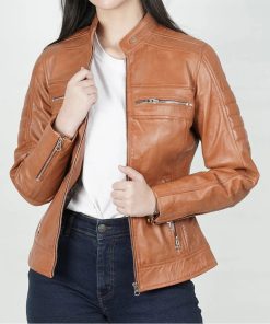Women's Tan Cafe Racer Leather Jacket