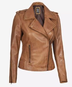 Women's Camel Brown Real Leather Moto Jacket
