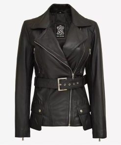 Women's Black Belted Moto Leather Jacket