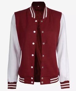 Women's Maroon and White Varsity Jacket - Baseball Style