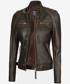 Women's Rub off Quilted Dark Brown Real Lambskin Moto Leather Jacket