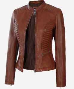 Women's Cognac Real Leather Slim Fit Biker Jacket