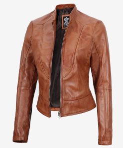 Women's Slim Fit Tan Brown Waxed Biker Leather Jacket
