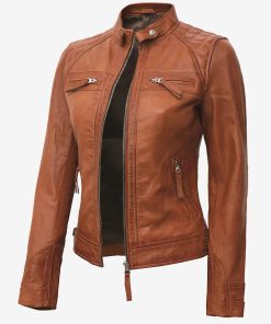 Women's Tan Real Lambskin Leather Quilted Biker Jacket
